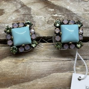 Dimitriadis Turquoise Polished Stone Studs with Pink and Green Swarovski Crystals