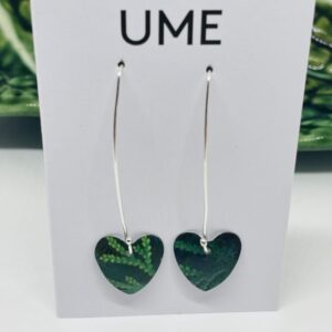 Long Silver Wires with Green Leafy Tin Heart Earrings