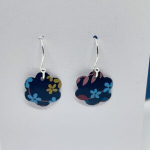 Small Pop Flower Earrings on Silver Wire/ Navy Floral