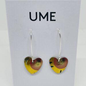 Silver and Recycled Tin Heart Earrings Yellow/ Red (Med)