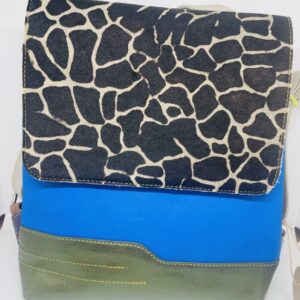 Leather & Faux Giraffe Fur Rucksack / Blue / Olive/ Red