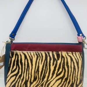 Recycled Leather & Faux Fur Handbag Teal / Deep Red /Orange