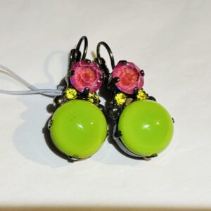 Stunning Dimitriadis Drop Earrings in Lime Green Polished Stone with Pink Crystals